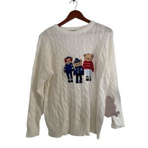 Urban weekend White Cable-Knit Crewneck Sweater with Embroidered Bears NWT